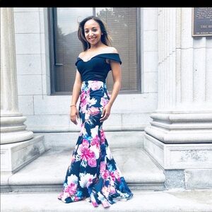 Xscape off the shoulder gown with side mesh cutouts